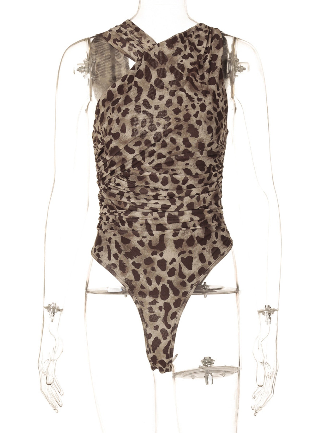 Modern women bodysuit leopard asymmetrical neckline ruched fit