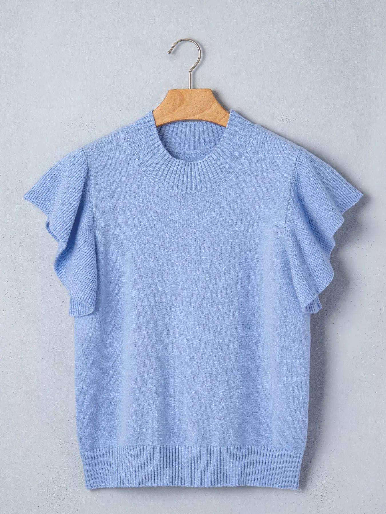 Trendy women sweater ribbed trim ruffle sleeve solid color style 