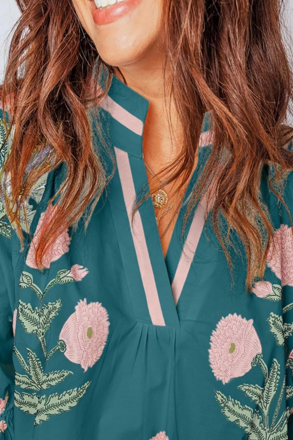 Women comfortable floral embroidered blouse notched neckline
