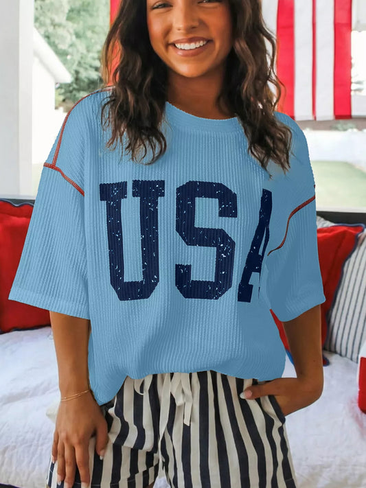 USA graphic ribbed knit t shirt for women casual tee Elluxora