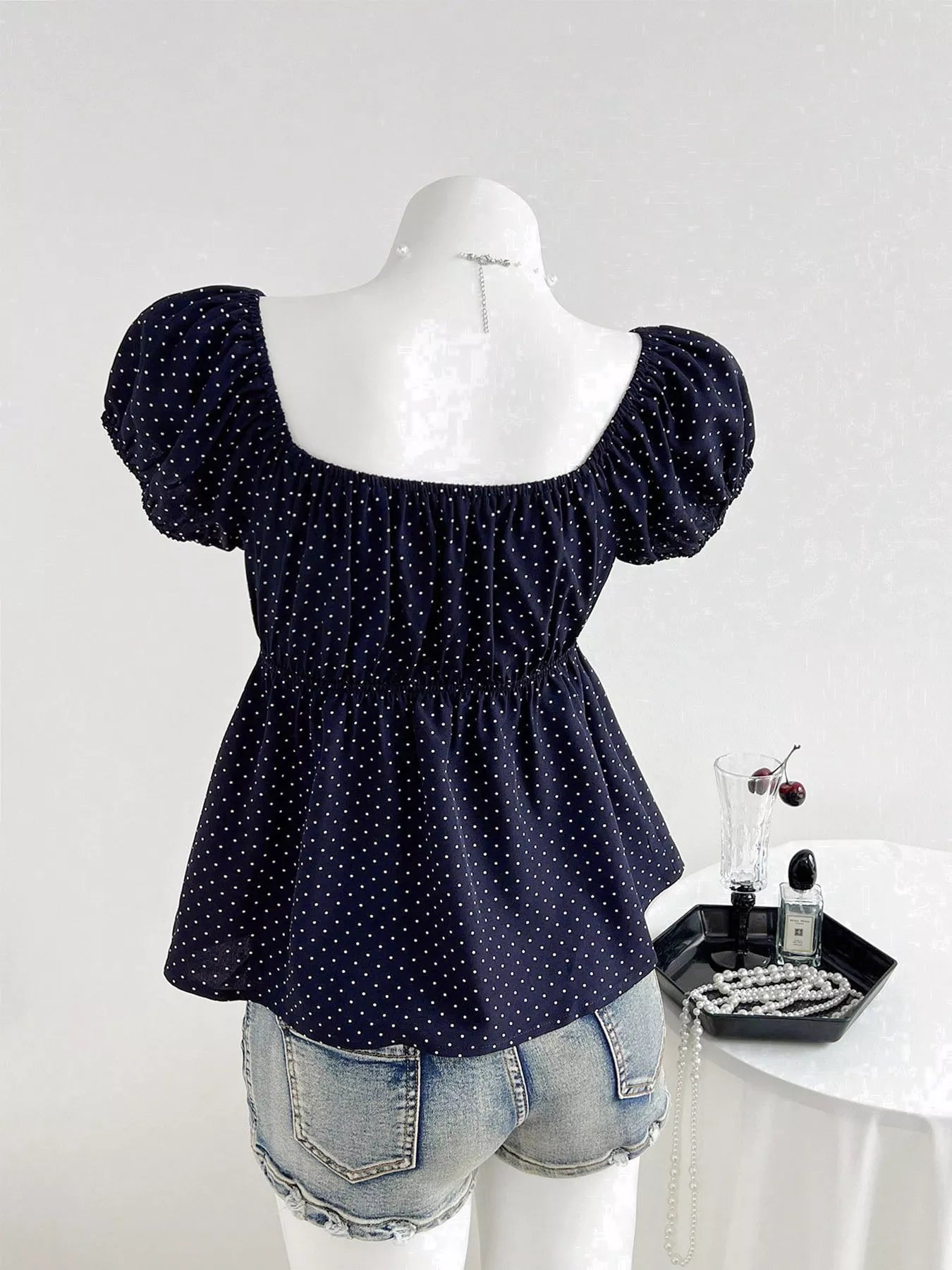 Trendy women blouse polka dot short sleeve casual chic style 