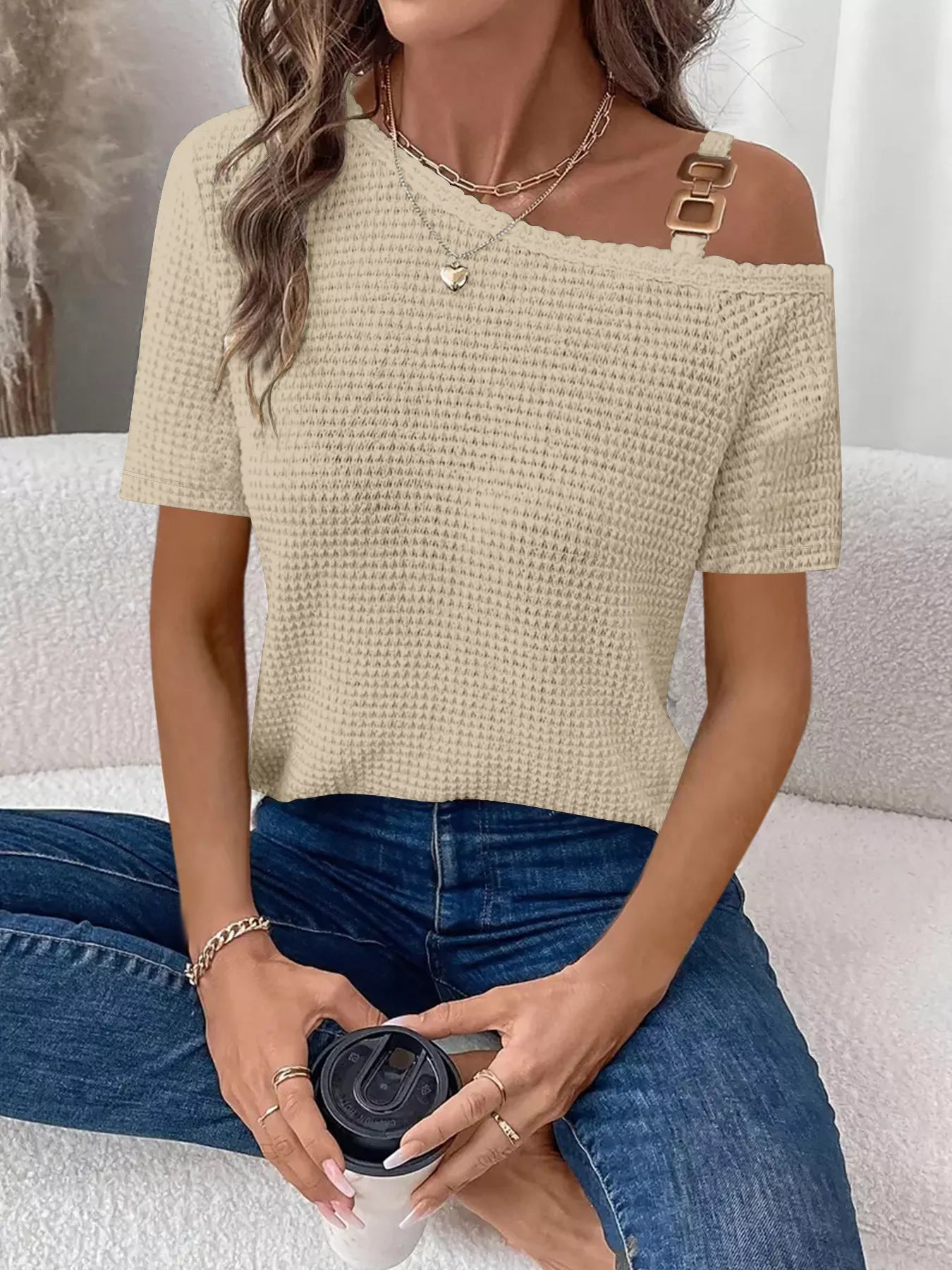 Asymmetrical one shoulder t shirt women waffle knit chain accent