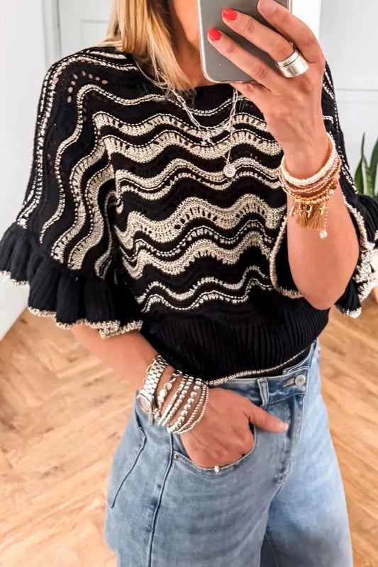 Stylish ruffle sleeve sweater for women wave pattern openwork knit 