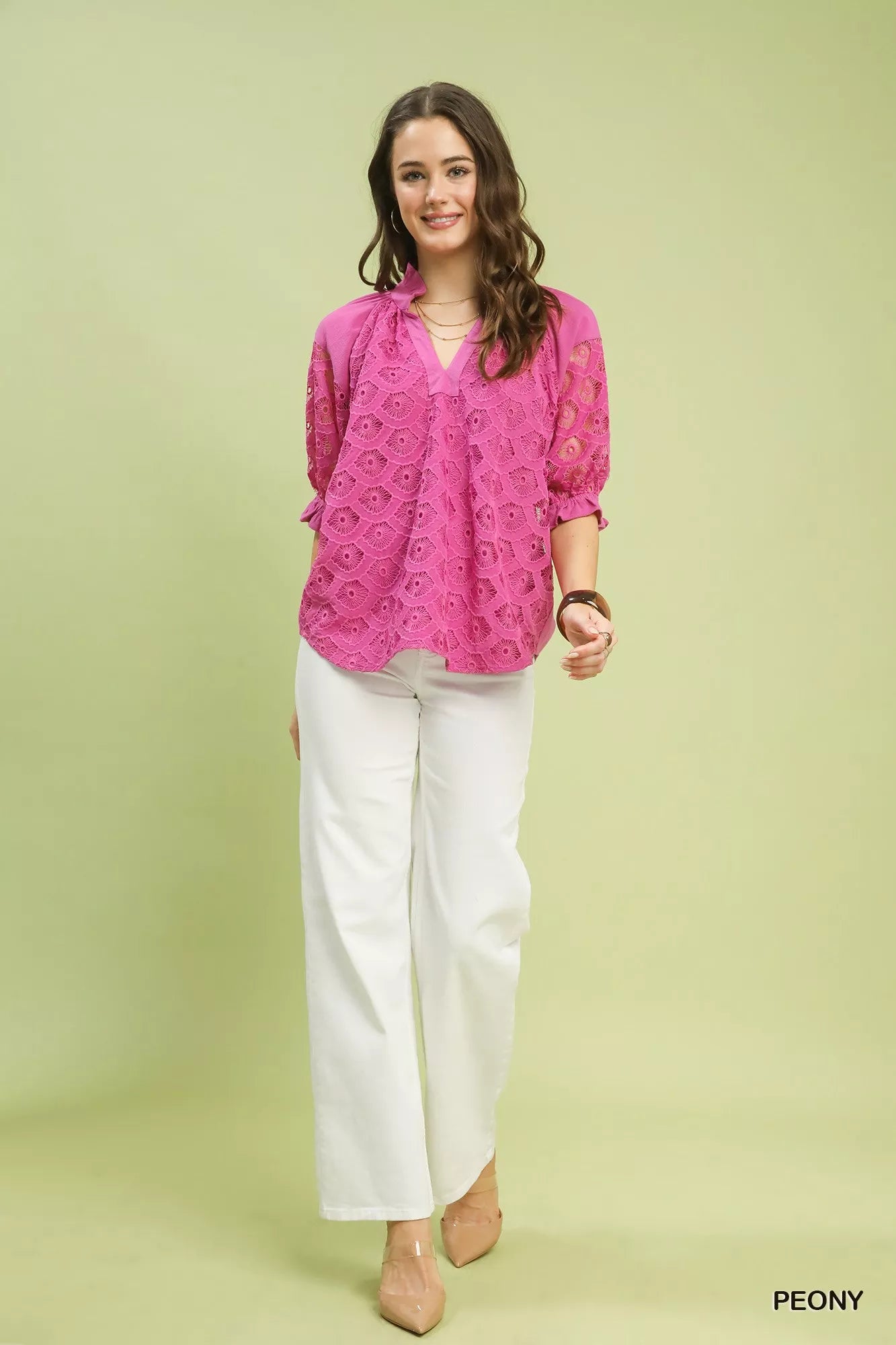 Women summer blouse linen fabric lace puff sleeve design