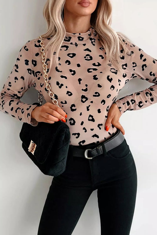 Trendy women bodysuit leopard print sheer mesh outfit