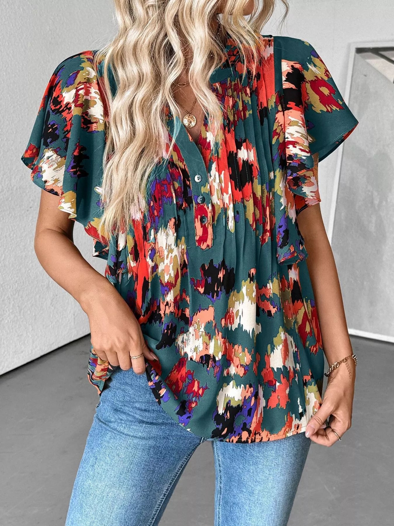 Stylish abstract print blouse for women ruffle sleeve design