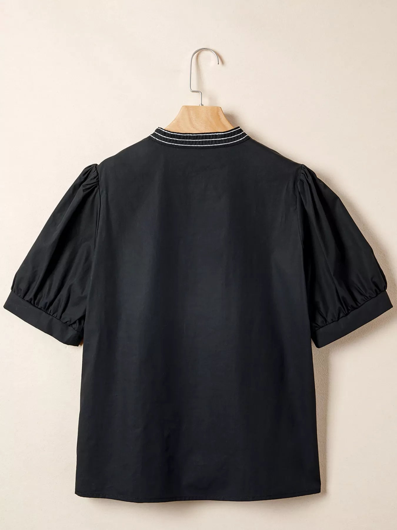 Women soft fabric embroidered blouse puff sleeve notched neck