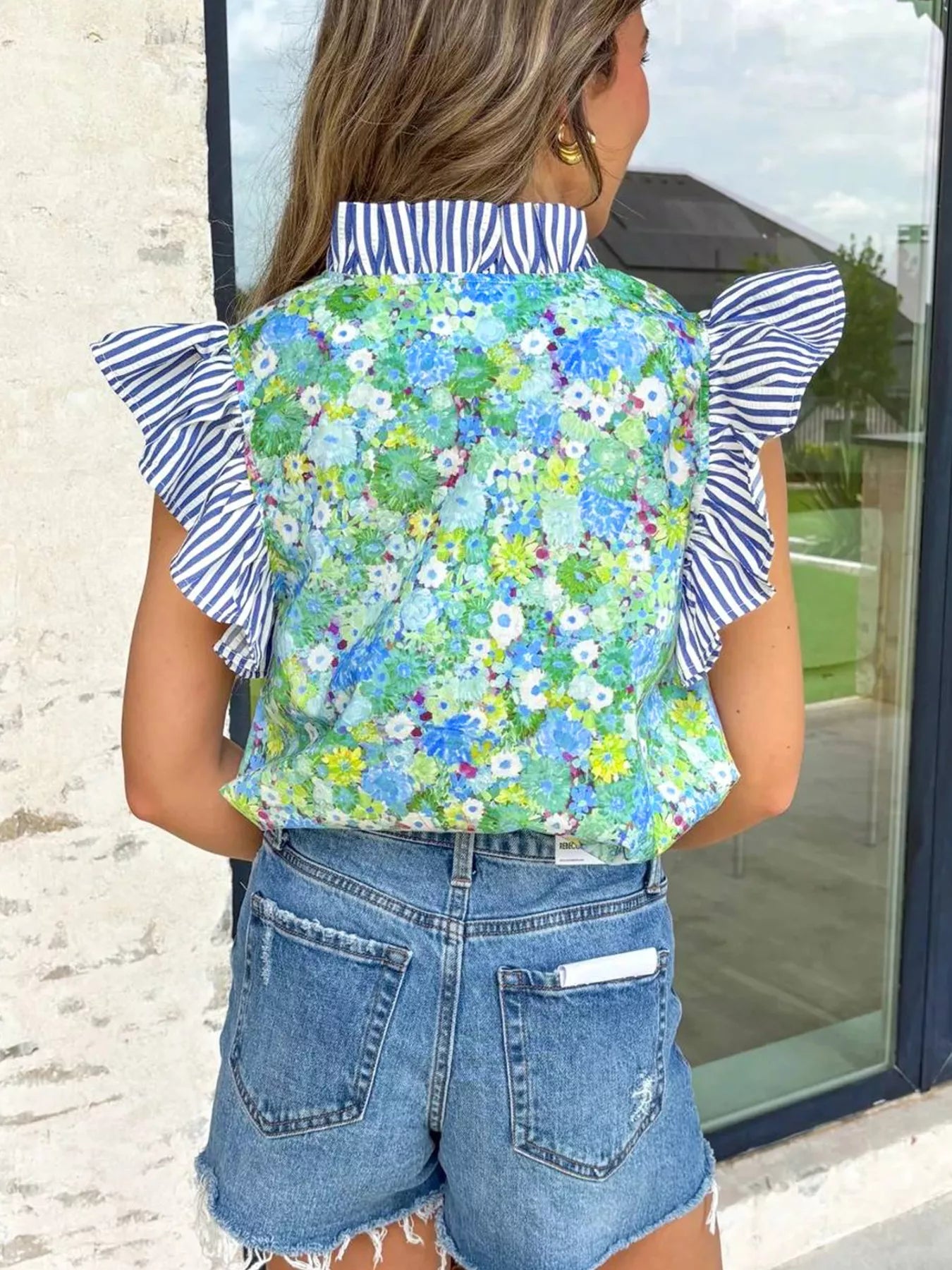 Women floral painting blouse patchwork flutter sleeve Elluxora