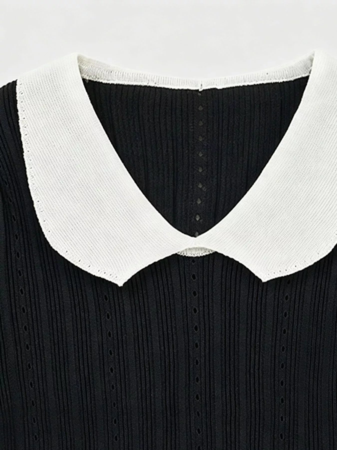 Women modern eyelet frill t shirt peter pan collar short sleeve fit