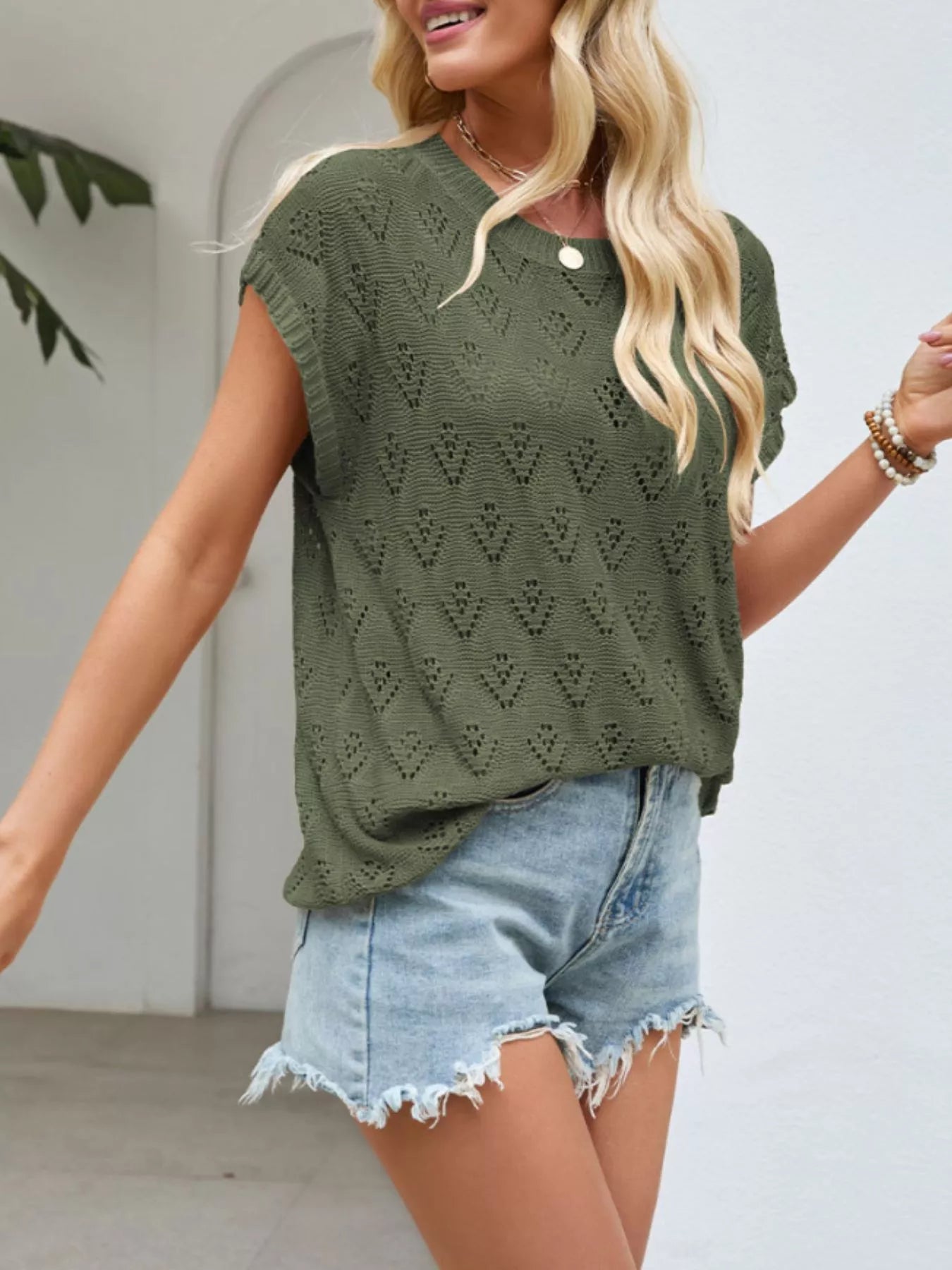 Minimal women openwork knit top short sleeve lightweight viscose fashion 