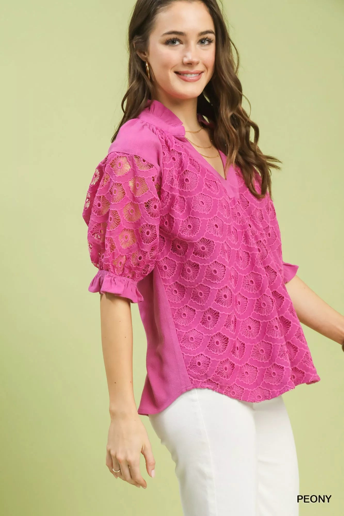 Summer linen blouse for women lace puff sleeve v neck Elluxora