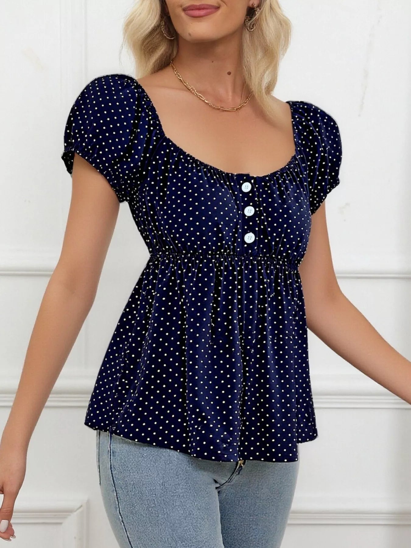 Women polka dot blouse short sleeve casual chic top Elluxora 