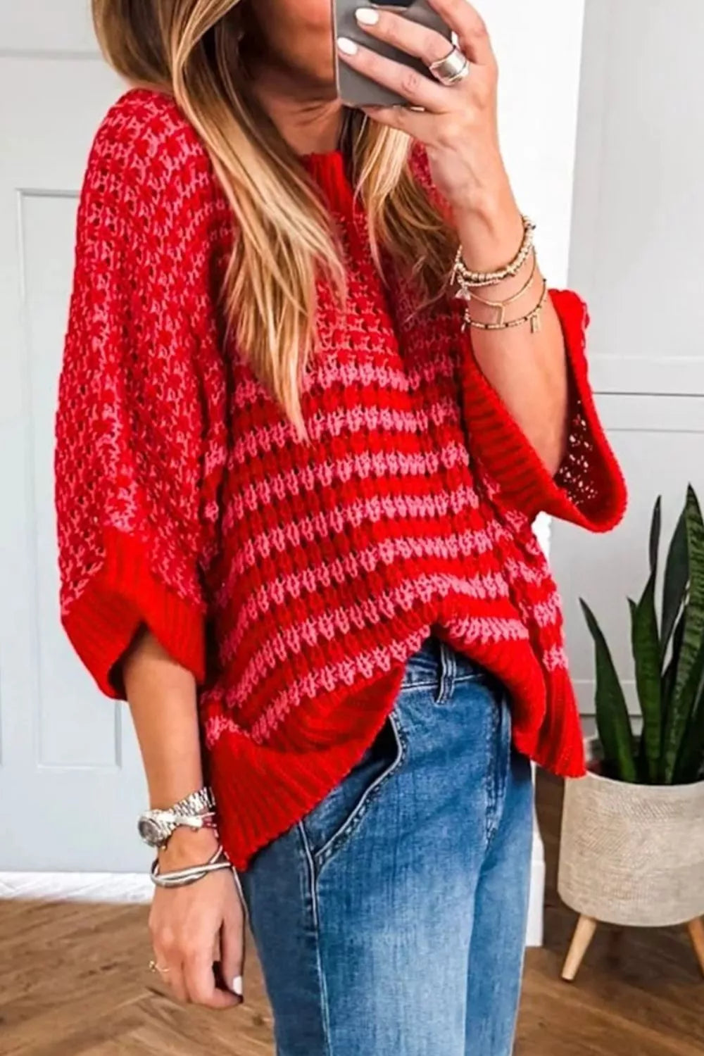 Stylish striped crochet sweater for women eyelet ruffle sleeve design