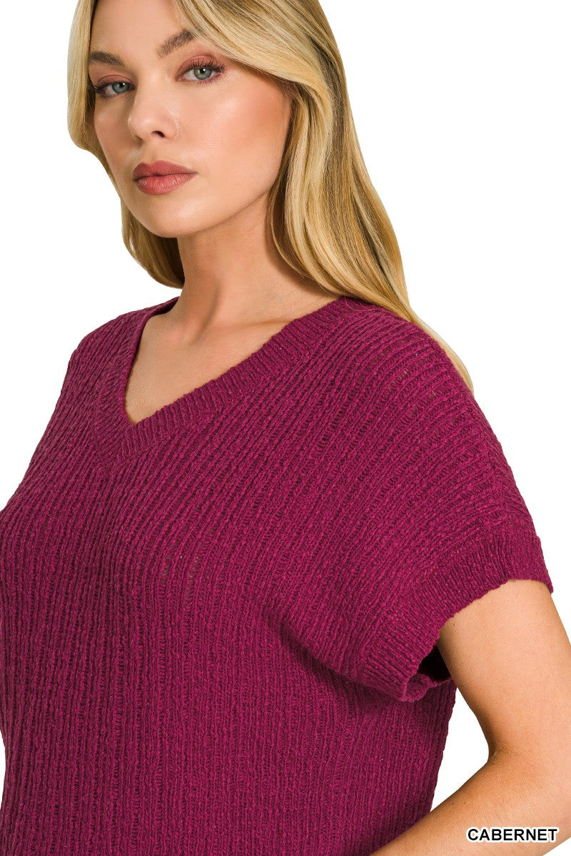 Stylish textured knit cropped sweater for women v neck cotton pullover