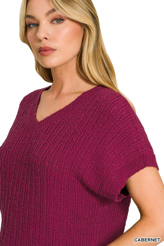 Stylish textured knit cropped sweater for women v neck cotton pullover
