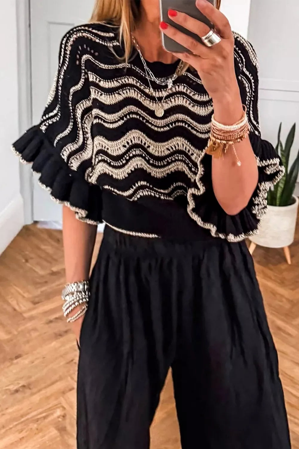Wave pattern ruffle sleeve sweater for women openwork knit Elluxora