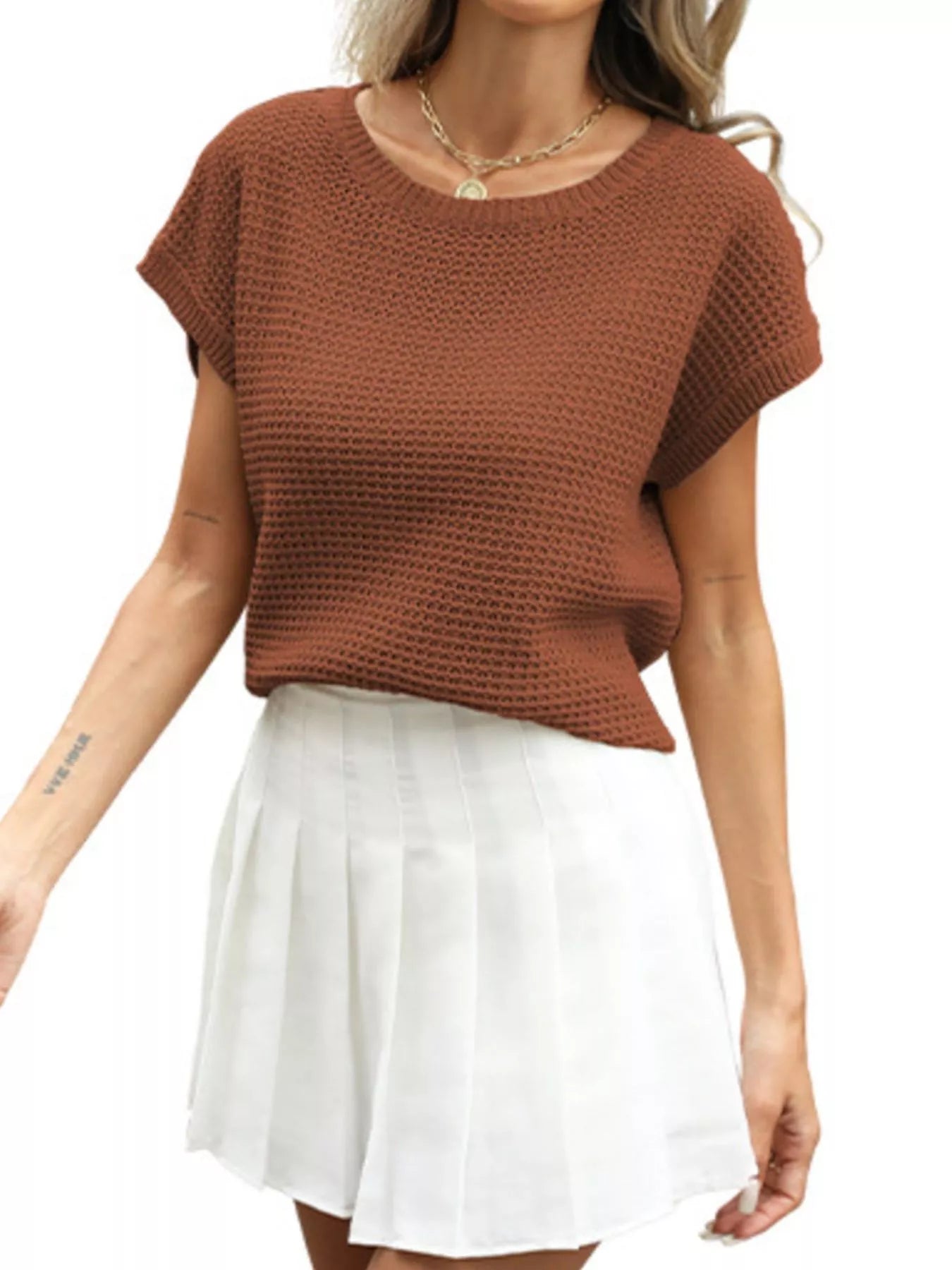 Everyday women knit top waffle round neck lightweight wear 
