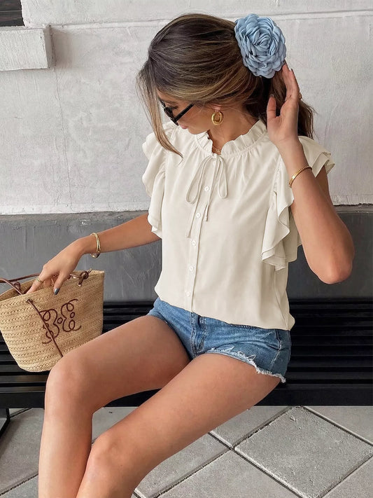 Women casual tie neck blouse ruffle sleeve bow detail