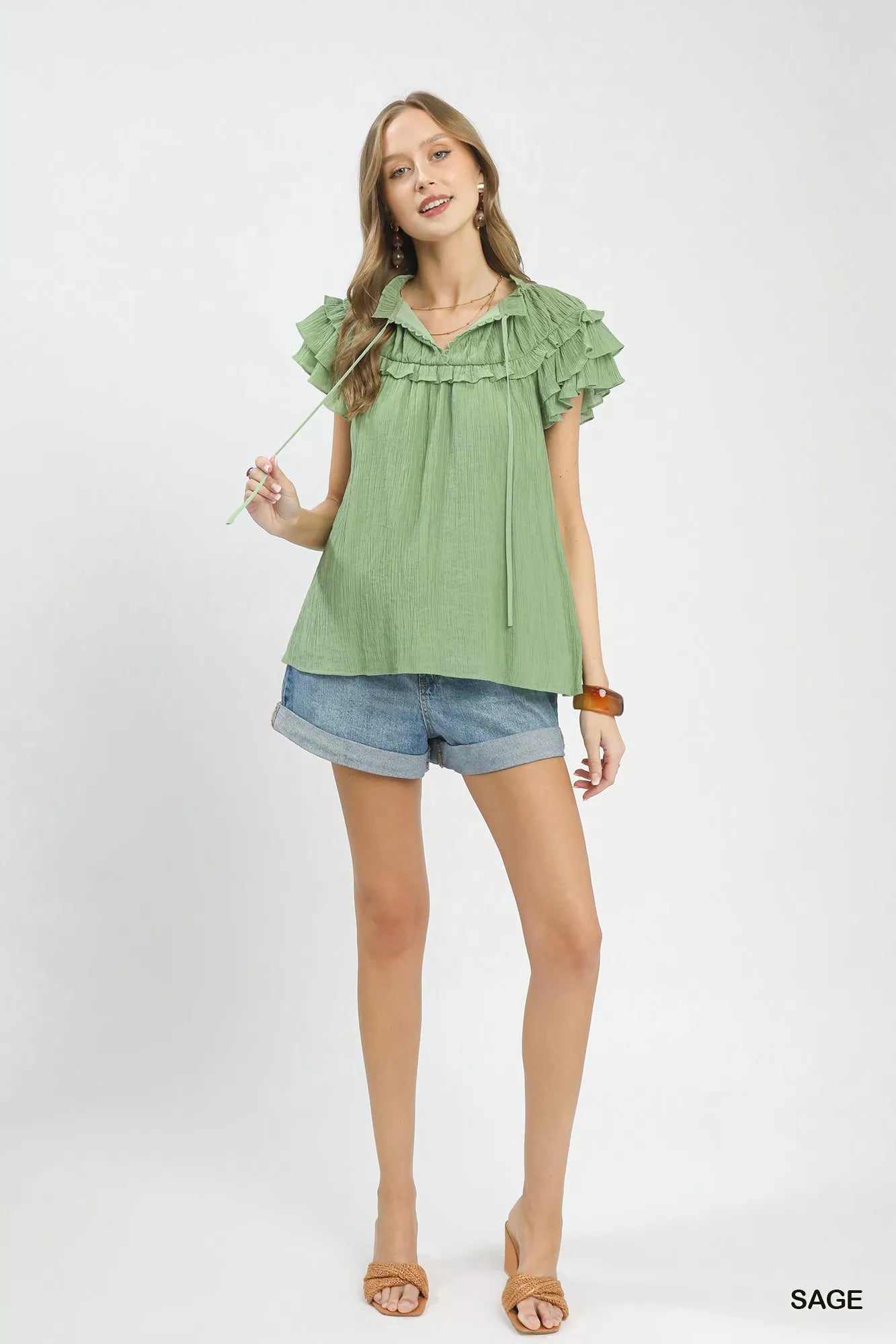 Comfortable women blouse floral painting print flutter sleeve design