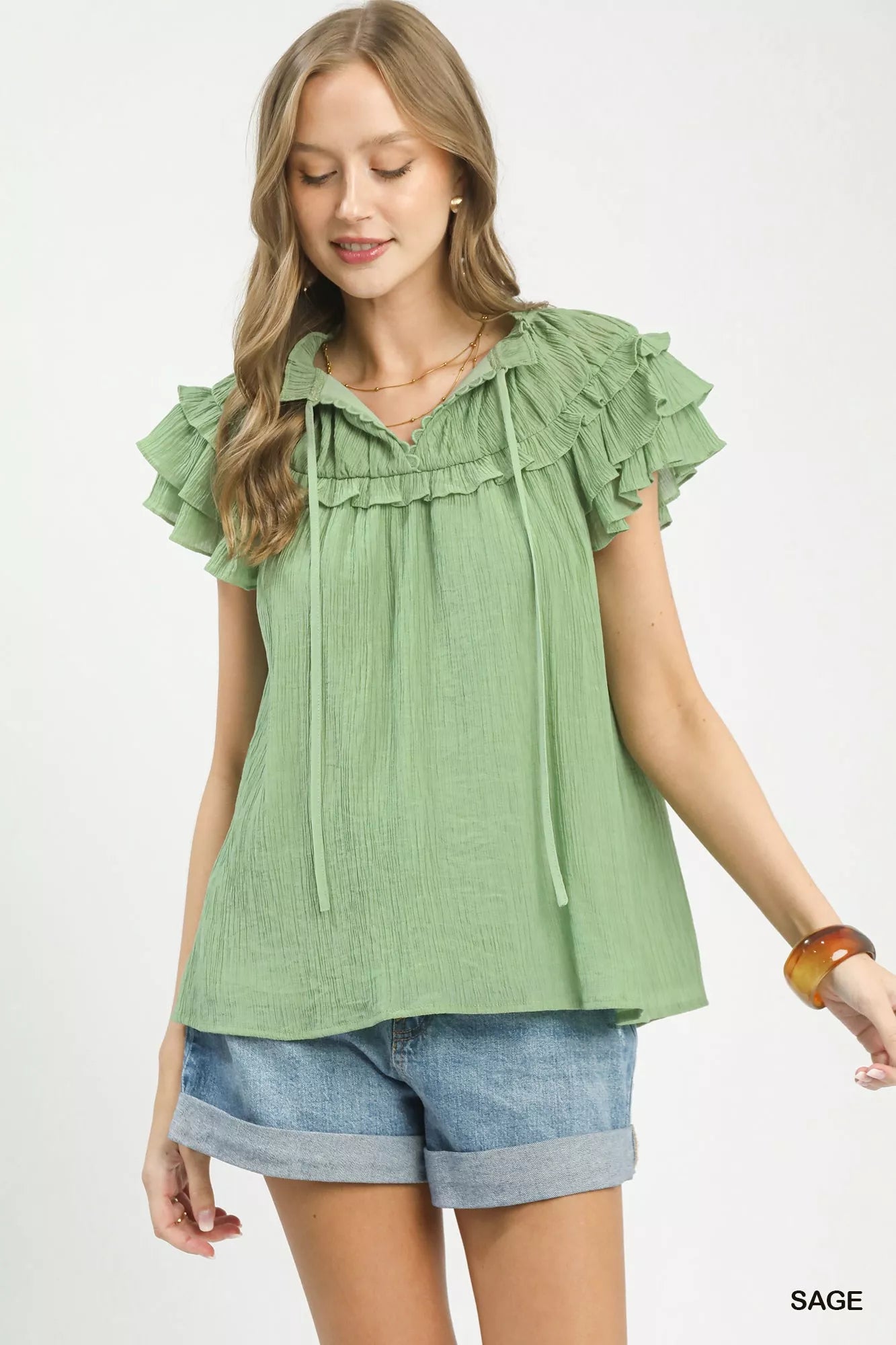 Casual women blouse floral painting patchwork flutter sleeve design