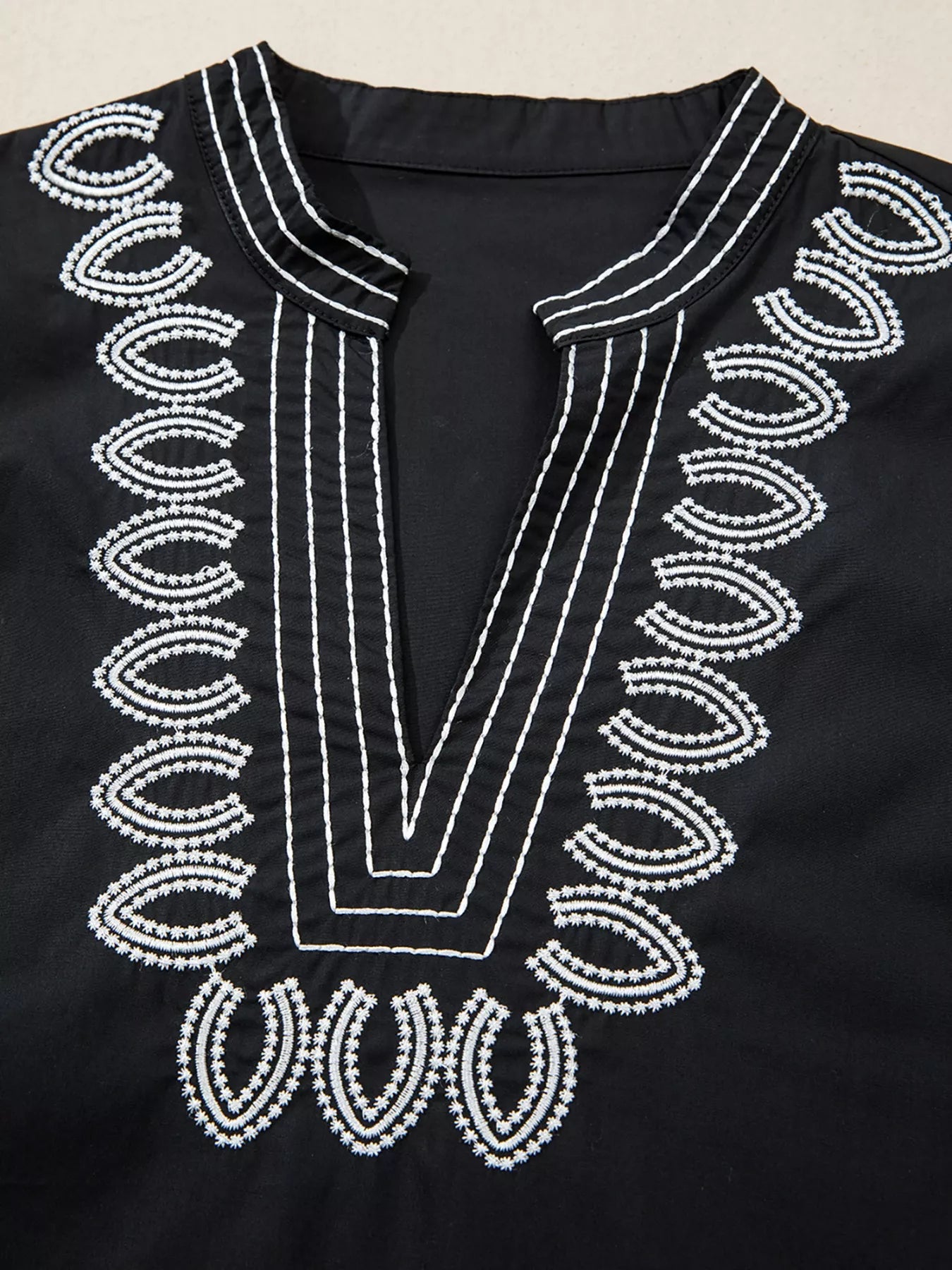 Women soft fabric embroidered blouse puff sleeve notched neck
