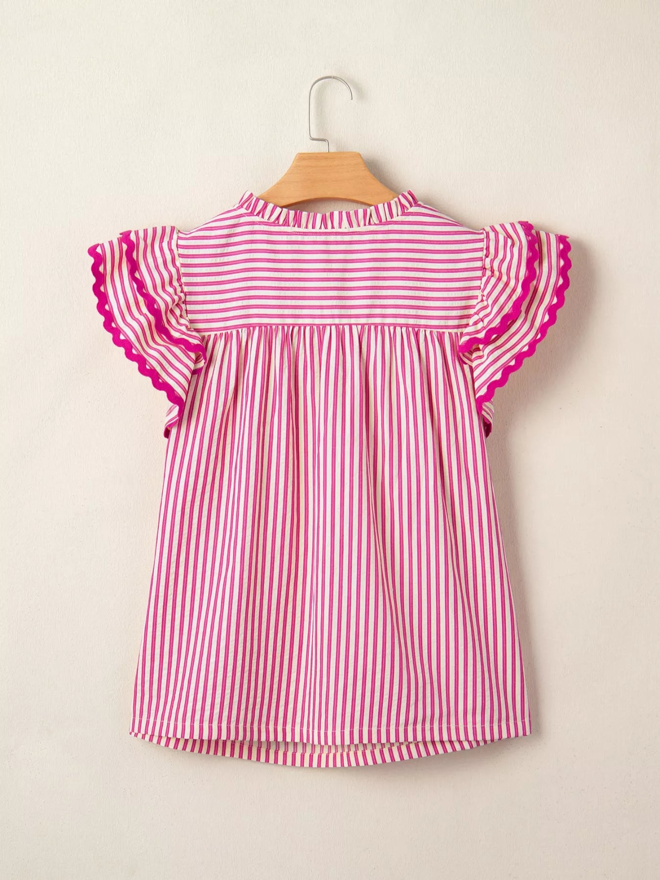 Comfortable women blouse stripe shirred yoke ruffle sleeve design