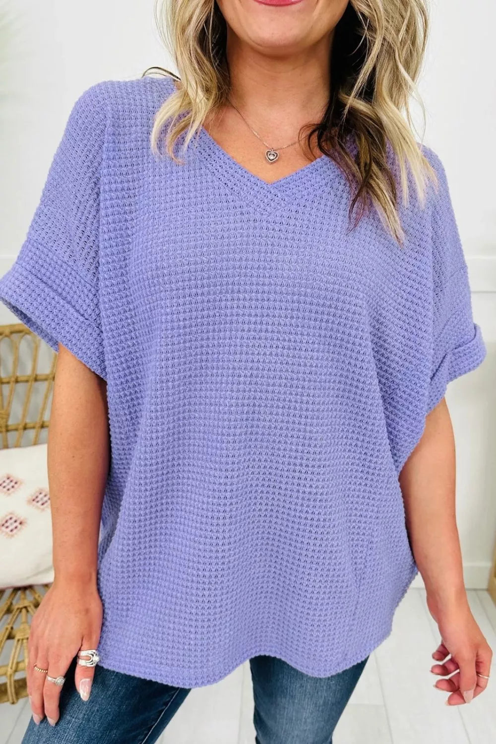 Stylish plus size waffle knit top women short sleeve v neck