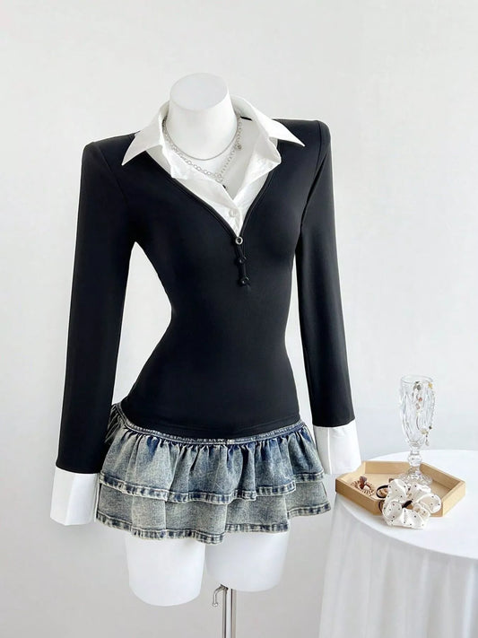 Long sleeve polo collar slim fit t shirt for women Elluxora