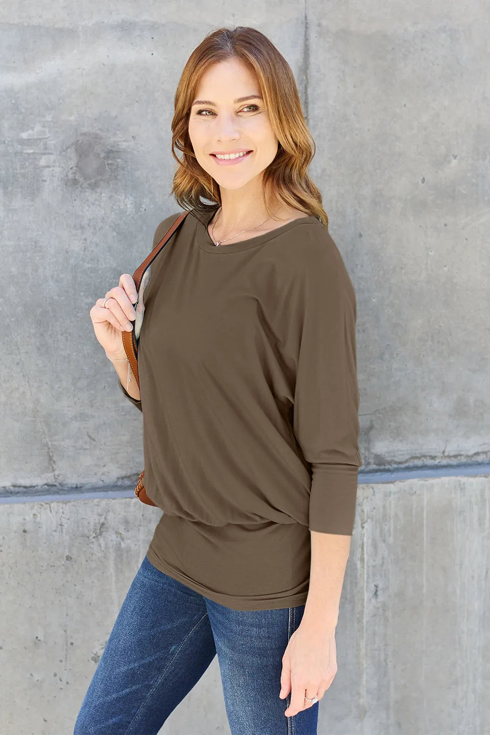 Women Basic Bae batwing sleeve top full size round neck Elluxora
