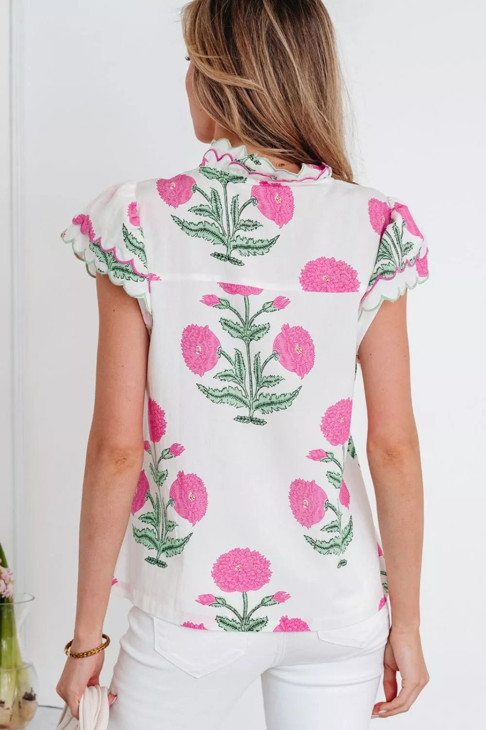Stylish v neck blouse for women layered scallop trim contrast design