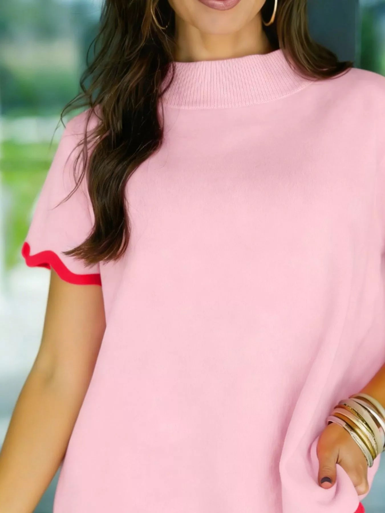 Women stand neck sweater contrast wavy trim short sleeve Elluxora 