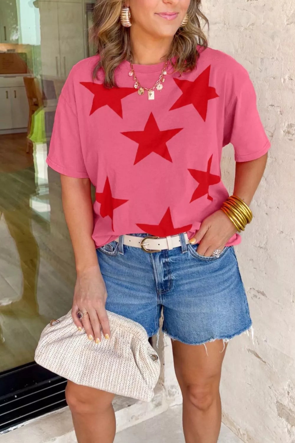 Mineral wash t shirt women star print Independence Day style