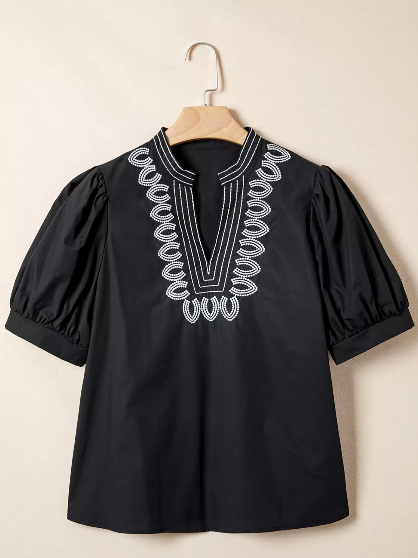 Women soft fabric embroidered blouse puff sleeve notched neck