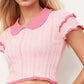 Women eyelet frill t shirt peter pan collar short sleeve design