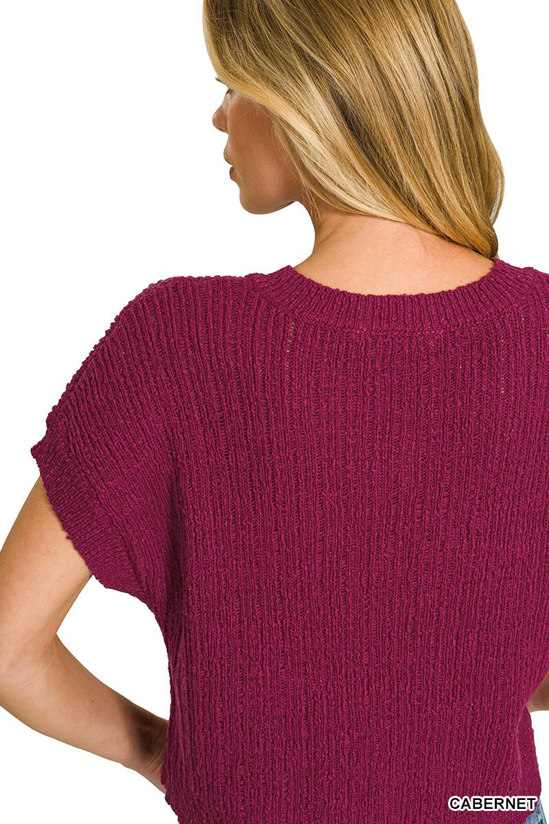 Casual women sweater Zenana textured knit v neck cropped style