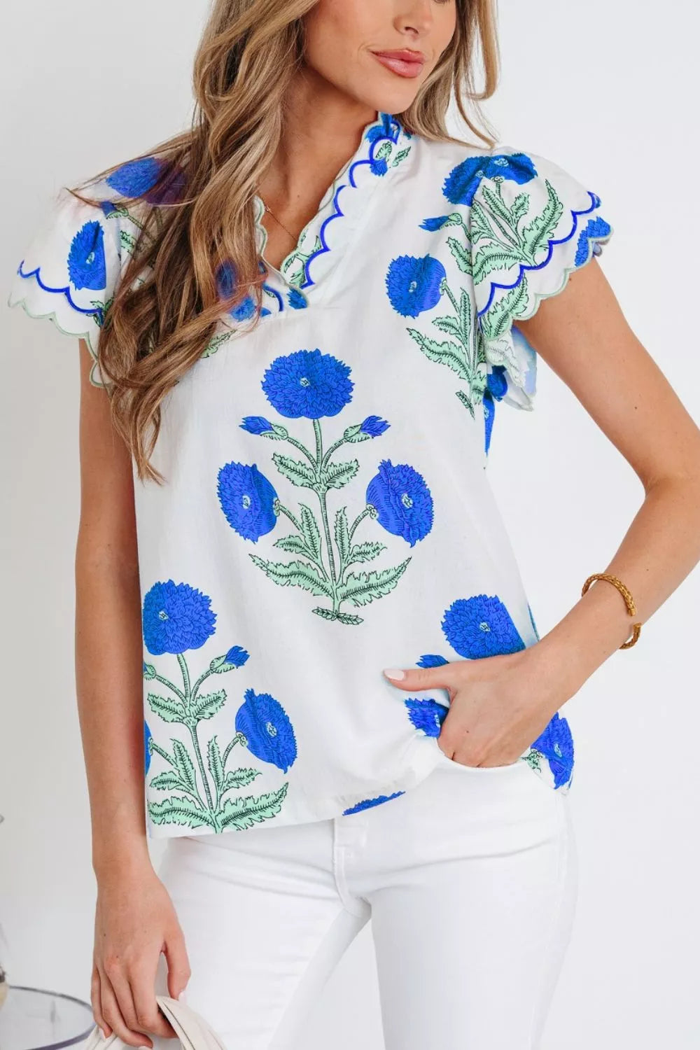 Lightweight women blouse layered v neck scallop trim contrast style