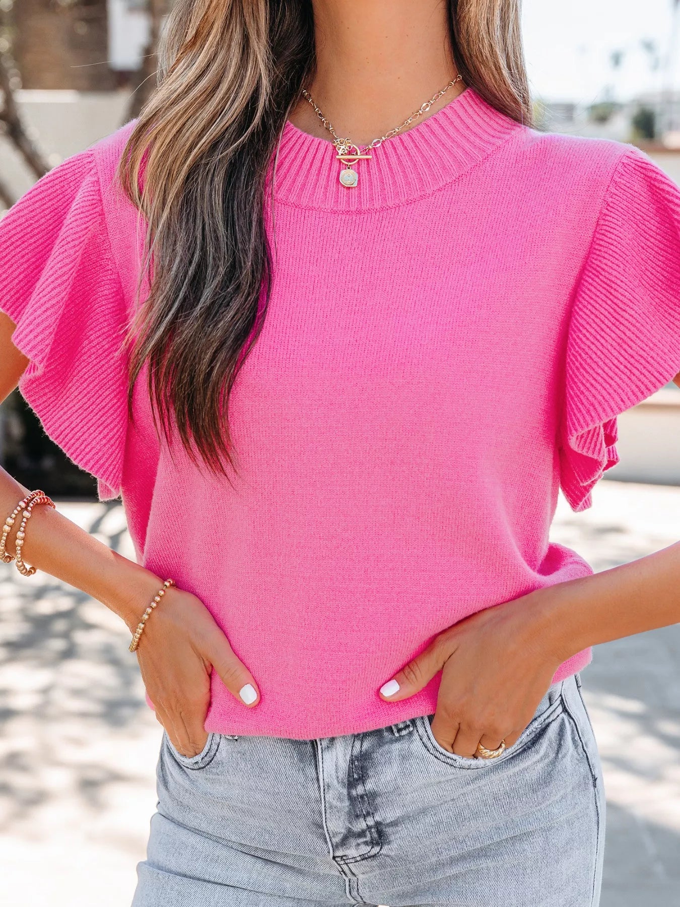 Casual women sweater soft knit round neck ruffle sleeve design