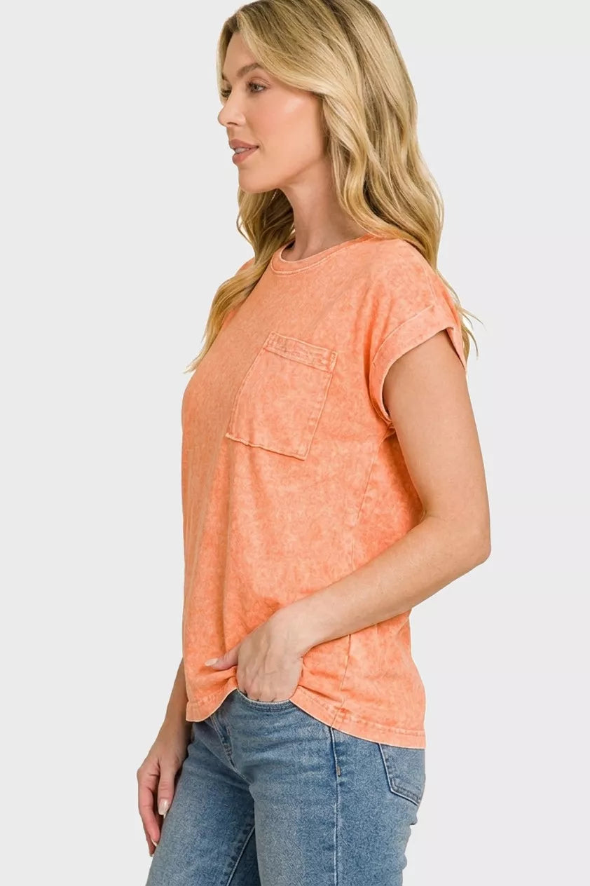 Women snow washed t shirt cuffed short sleeve Zenana style