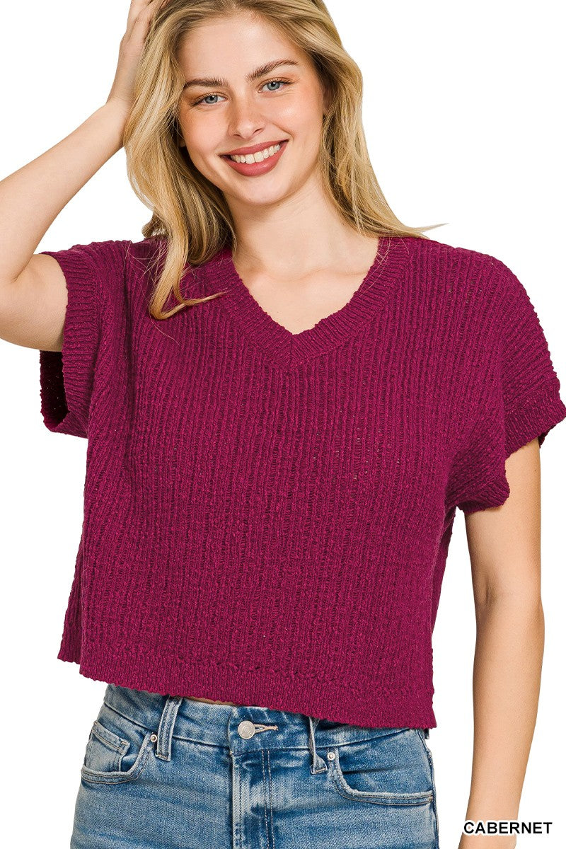 Zenana textured knit v neck cropped sweater for women cotton pullover Elluxora