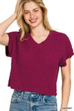 Zenana textured knit v neck cropped sweater for women cotton pullover Elluxora