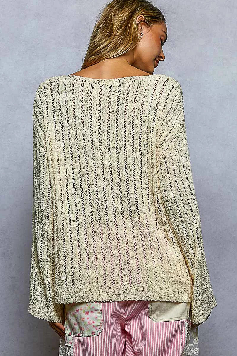 Trendy women sweater POL open weave long sleeve round neck style 