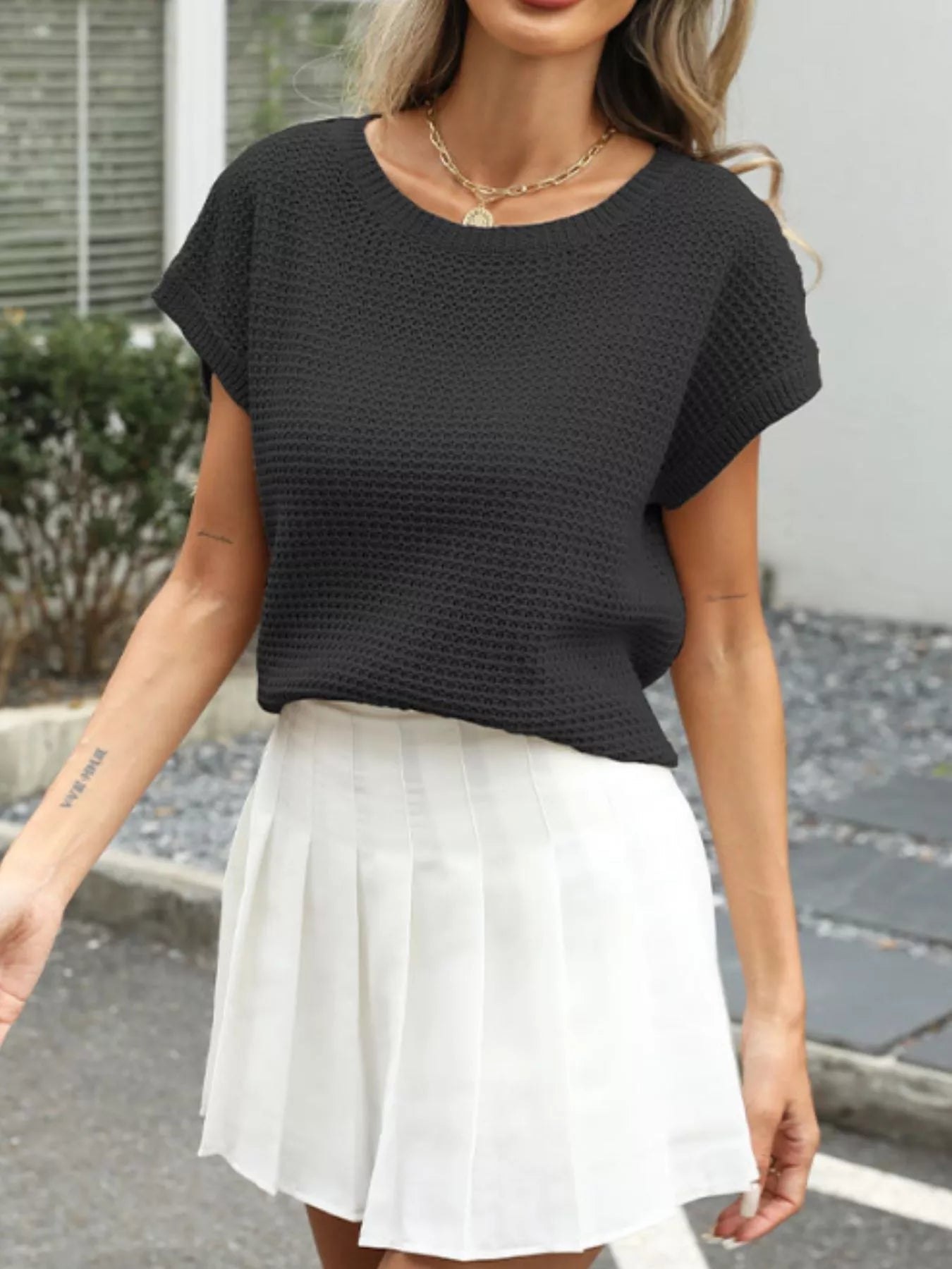 Fitted women knit top waffle round neck viscose style 