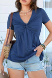 Twist knot v neck short sleeve blouse for women slim fit Elluxora