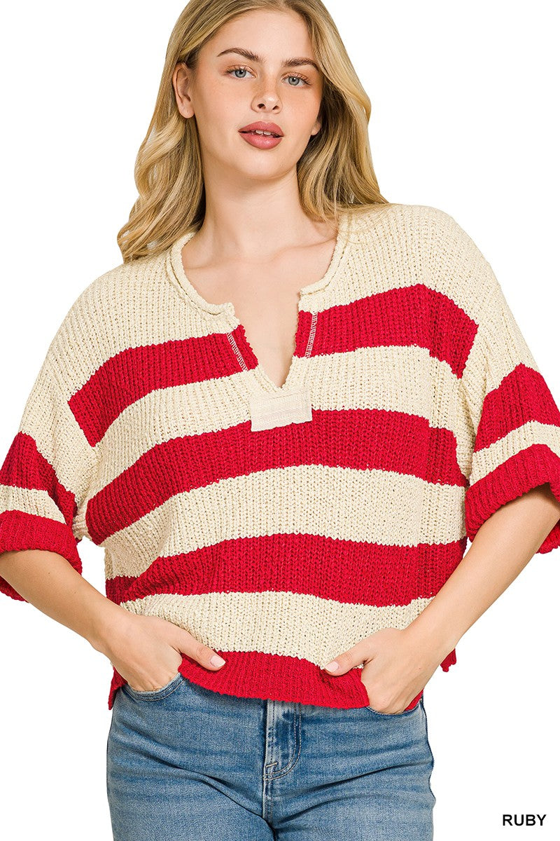 Zenana split neck stripe sweater for women casual knit top Elluxora