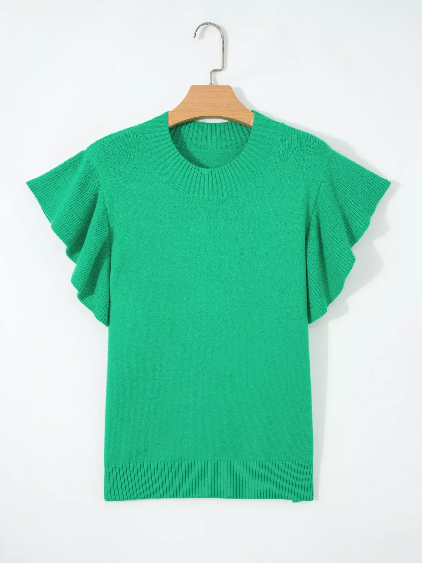Women solid color sweater ribbed trim ruffle sleeve design Elluxora 