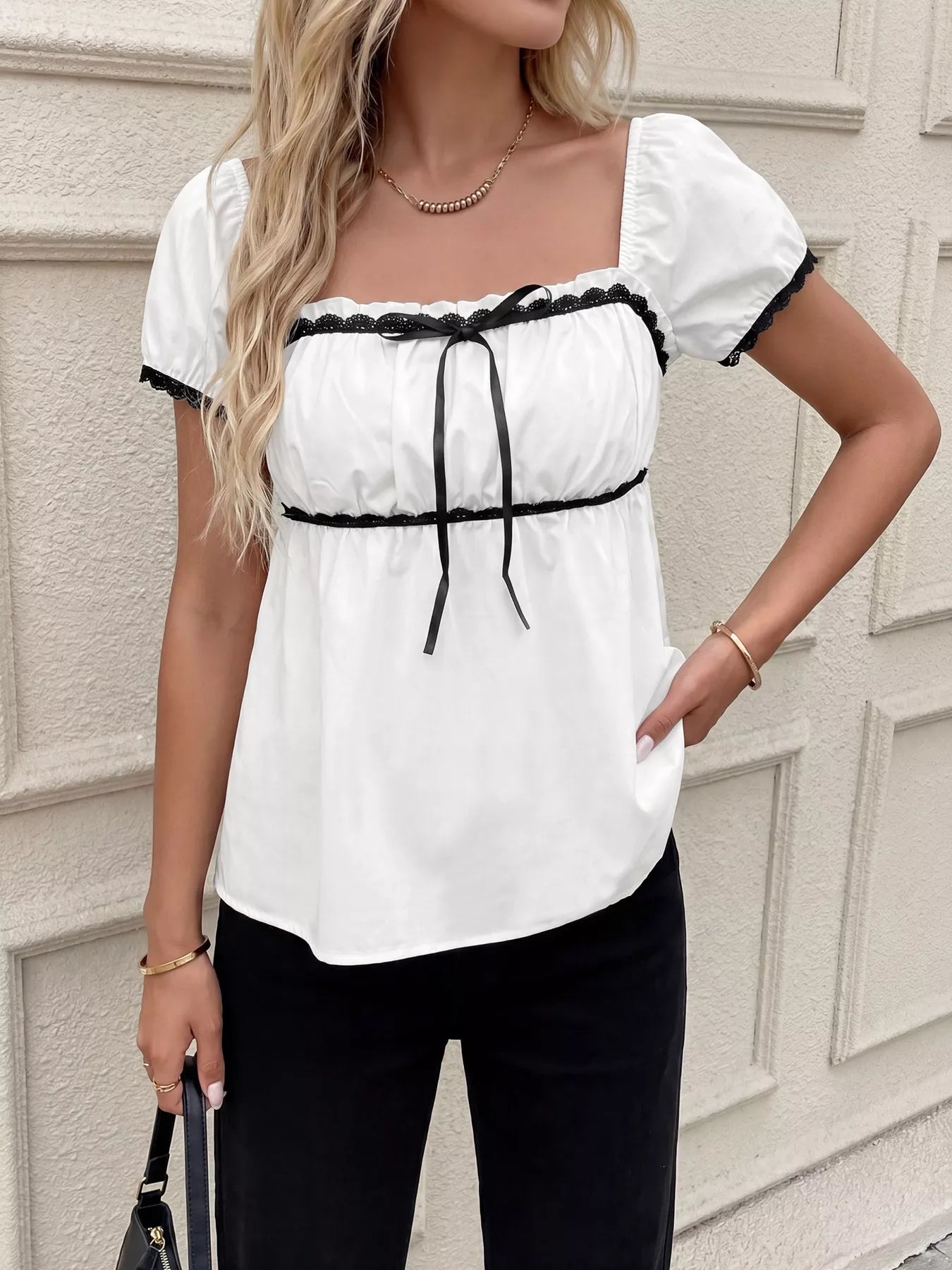 Women bowknot blouse lace trim short sleeve feminine design