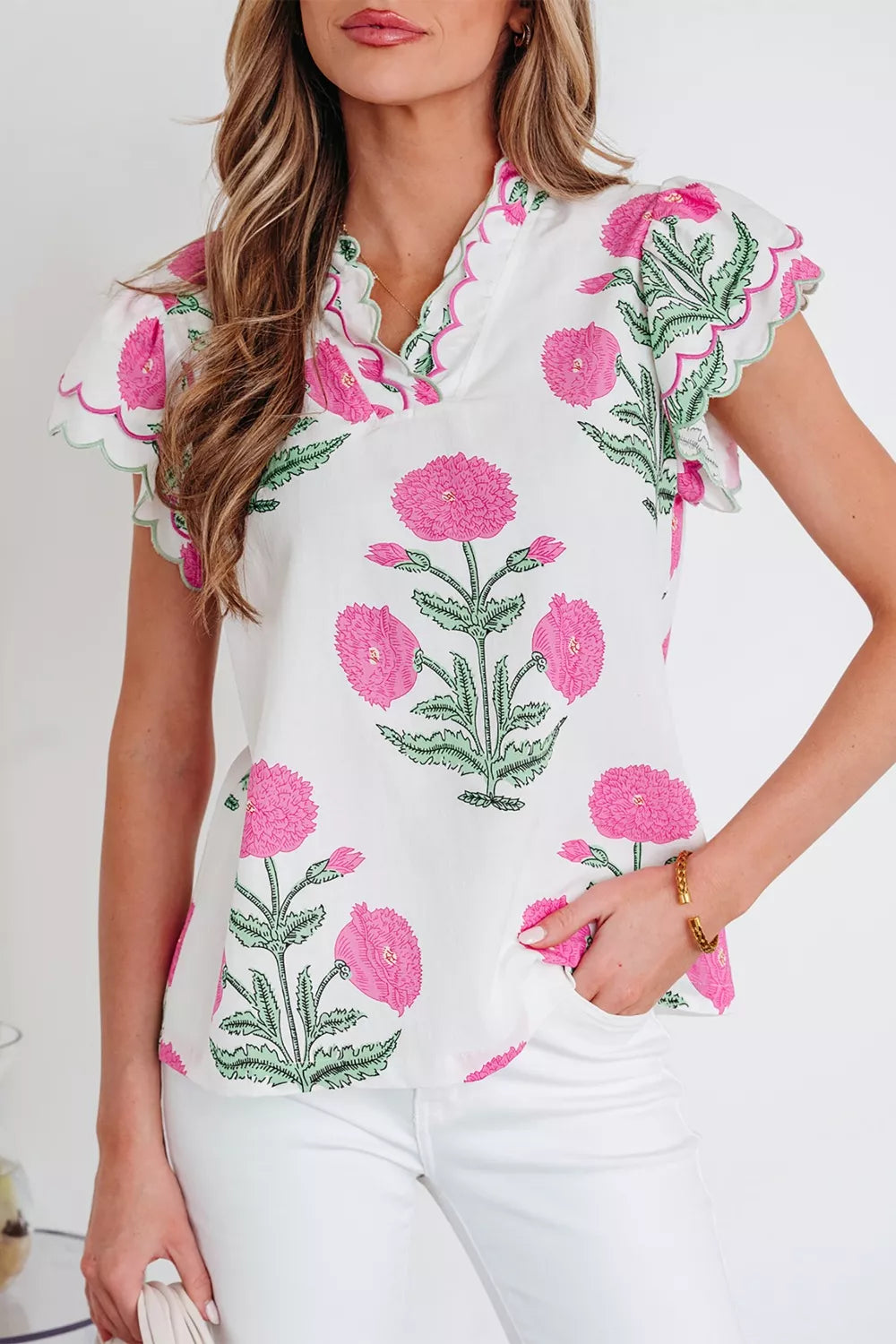 Contrast scallop trim layered v neck blouse for women Elluxora