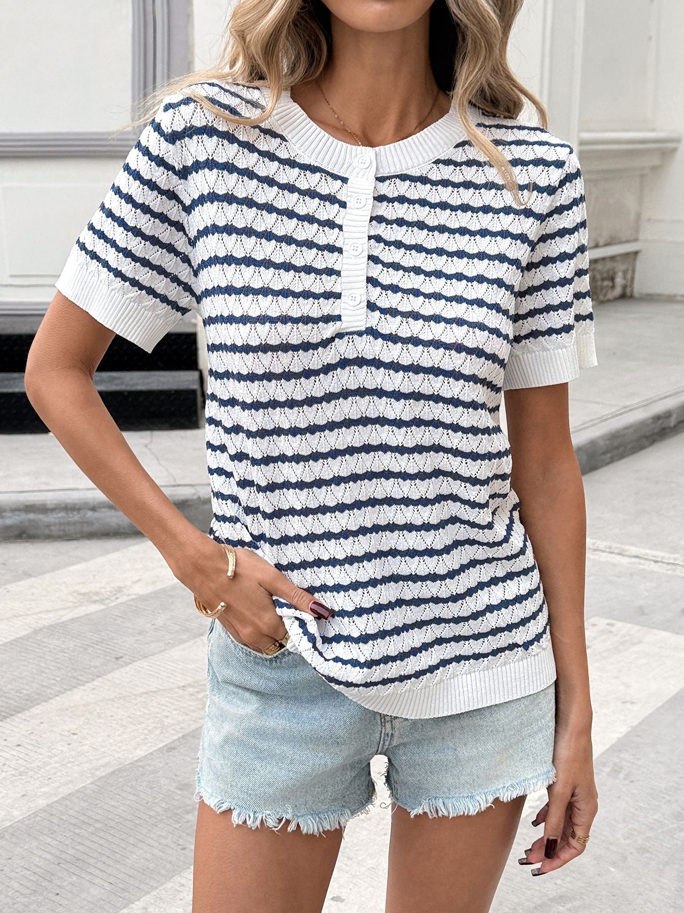 Casual women knit top striped pattern button detail short sleeve 