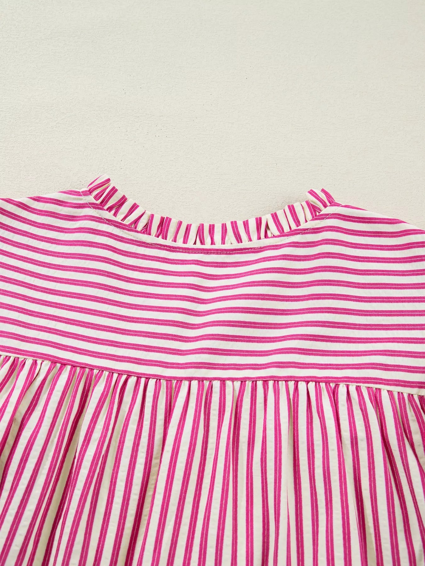 Minimal women blouse striped shirred yoke ruffle sleeve fashion