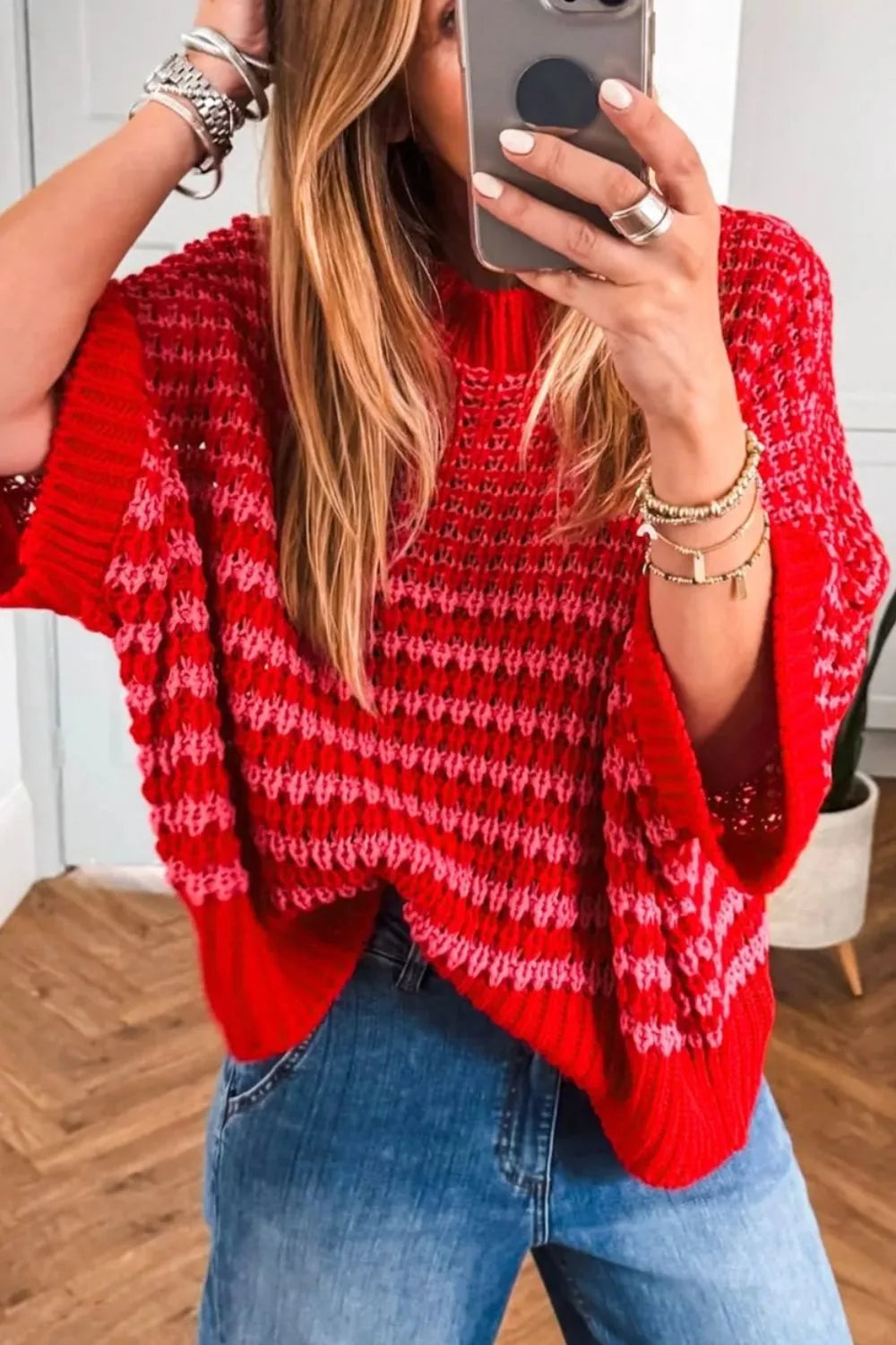 Women striped crochet sweater wavy eyelet ruffle half sleeve Elluxora